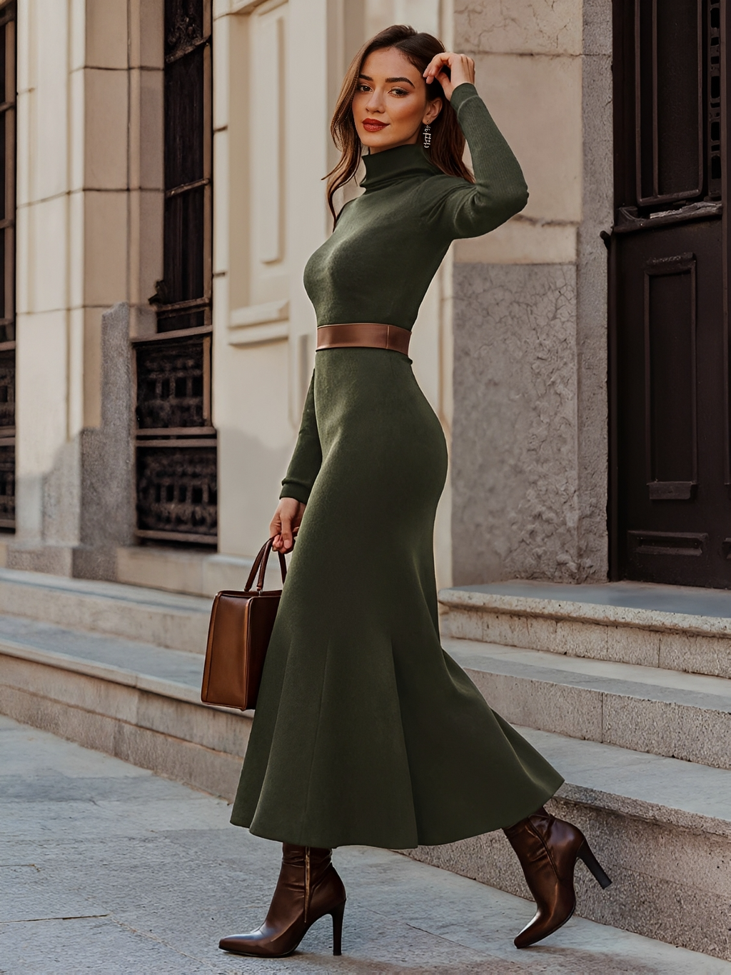 Vestido Maxi Modelagem Evasê com Gola Alta e Manga Longa – Thamara [FRETE FULL]