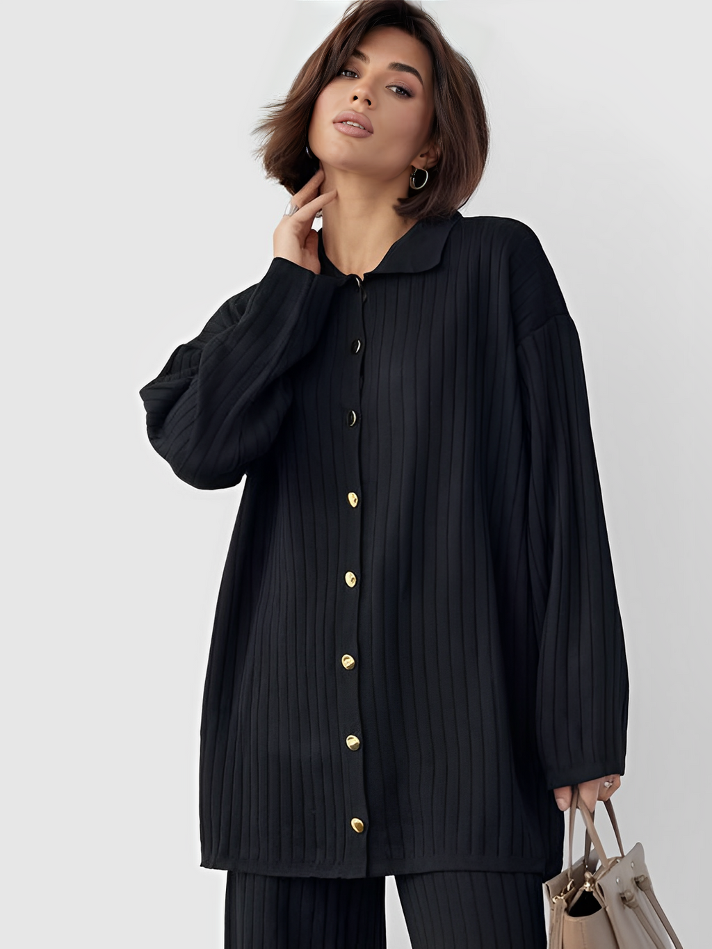 Conjunto Canelado com Camisa Alongada de Botões e Calça Reta – Camila