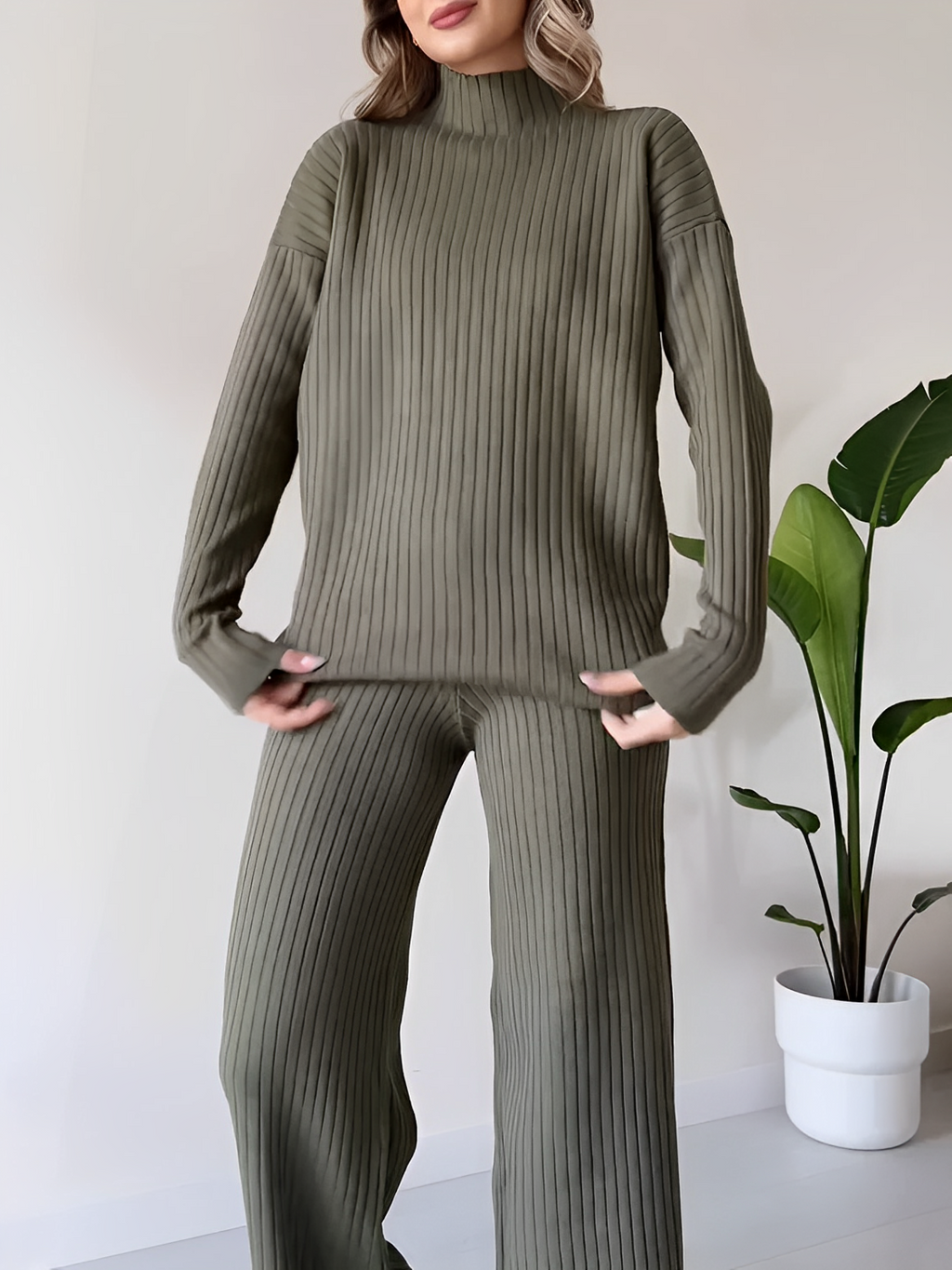 Conjunto de Tricô Canelado com Suéter Mullet e Calça Pantalona - Grace