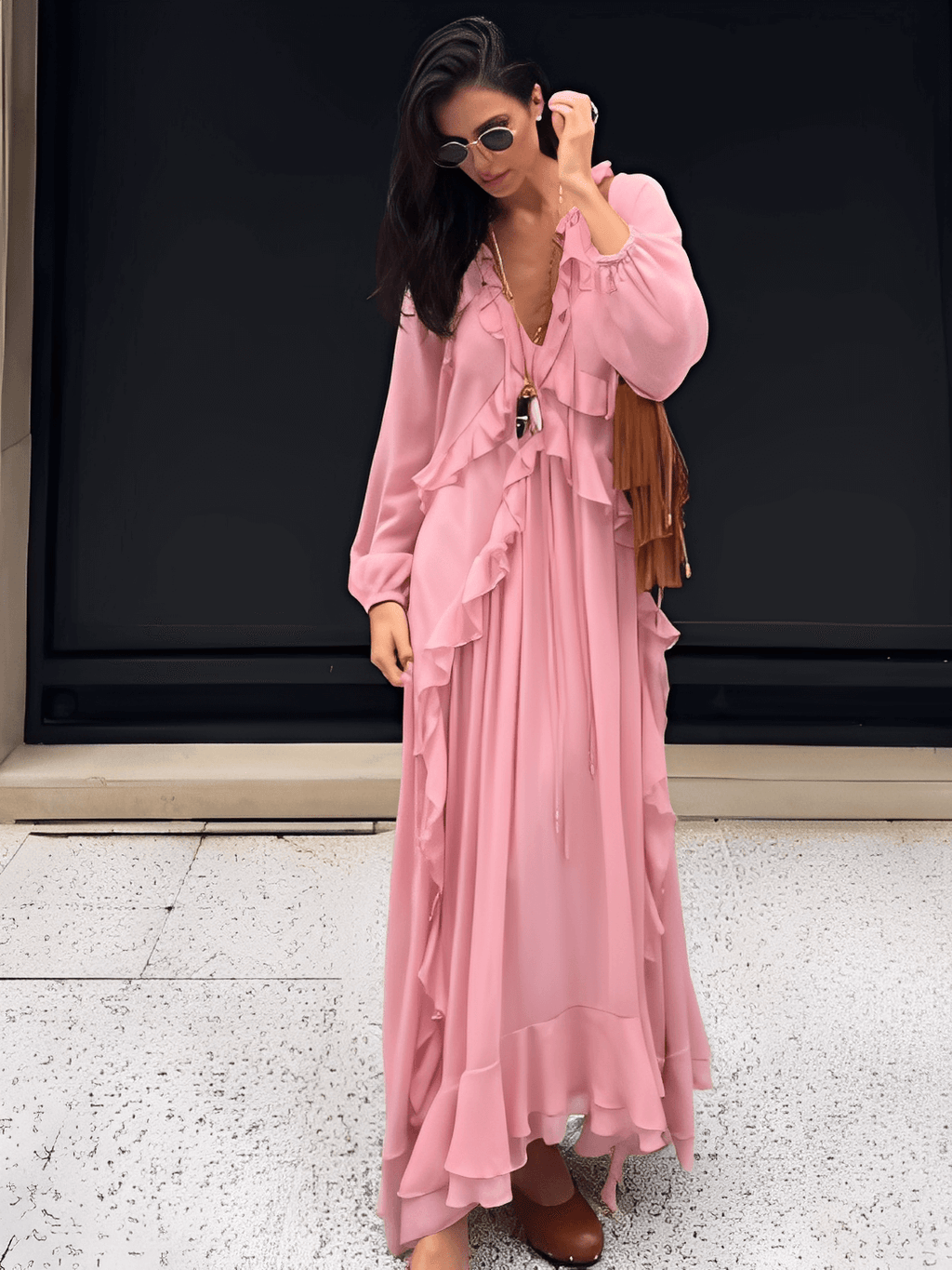 Vestido Longo em Chiffon com Babados Decote em V e Mangas Longas  – Amelie