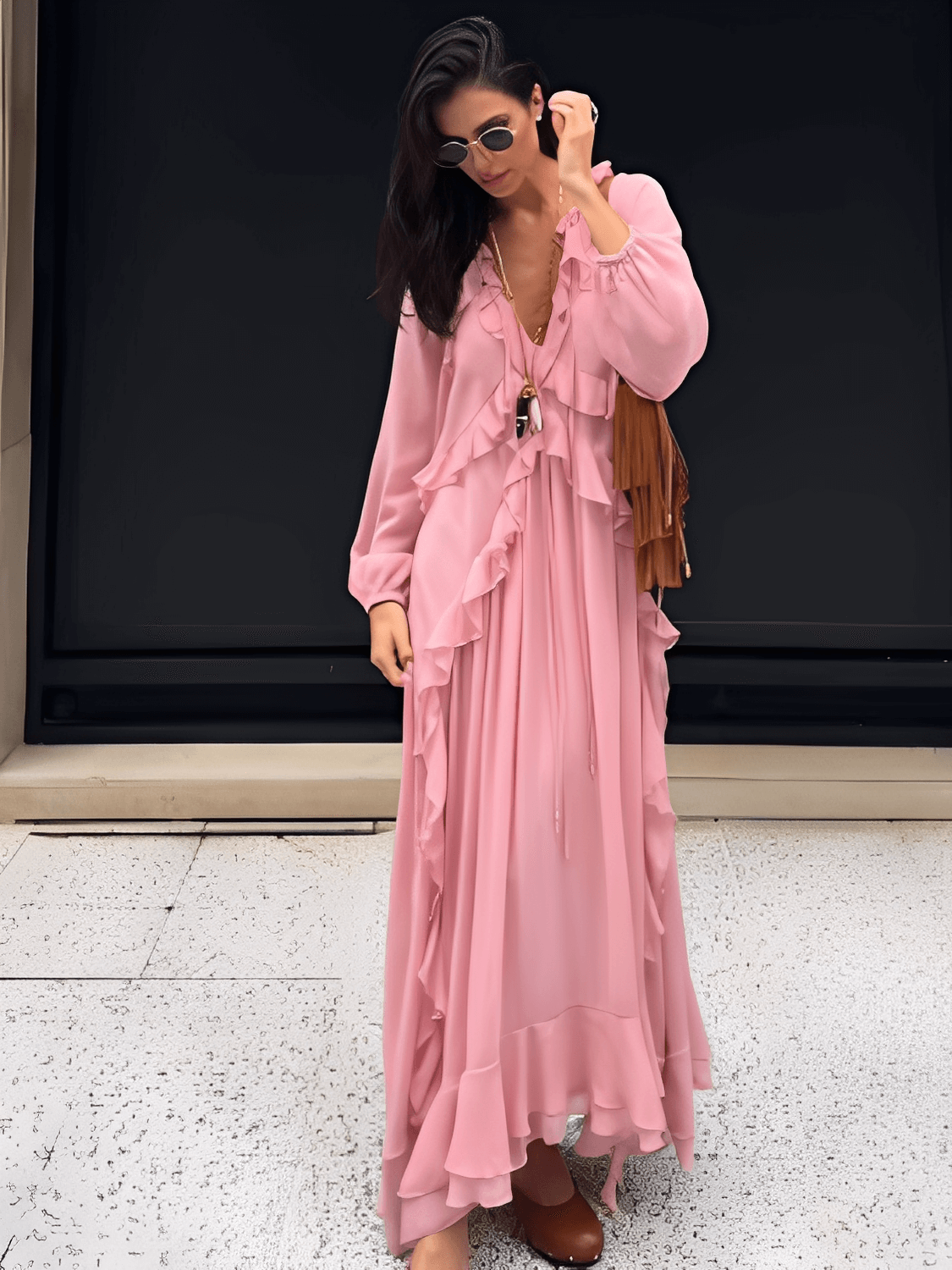 Vestido Longo em Chiffon com Babados Decote em V e Mangas Longas  – Amelie