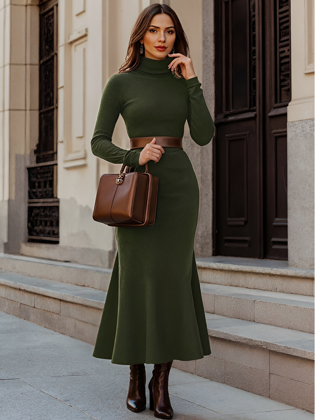 Vestido Maxi Modelagem Evasê com Gola Alta e Manga Longa – Thamara [FRETE FULL]