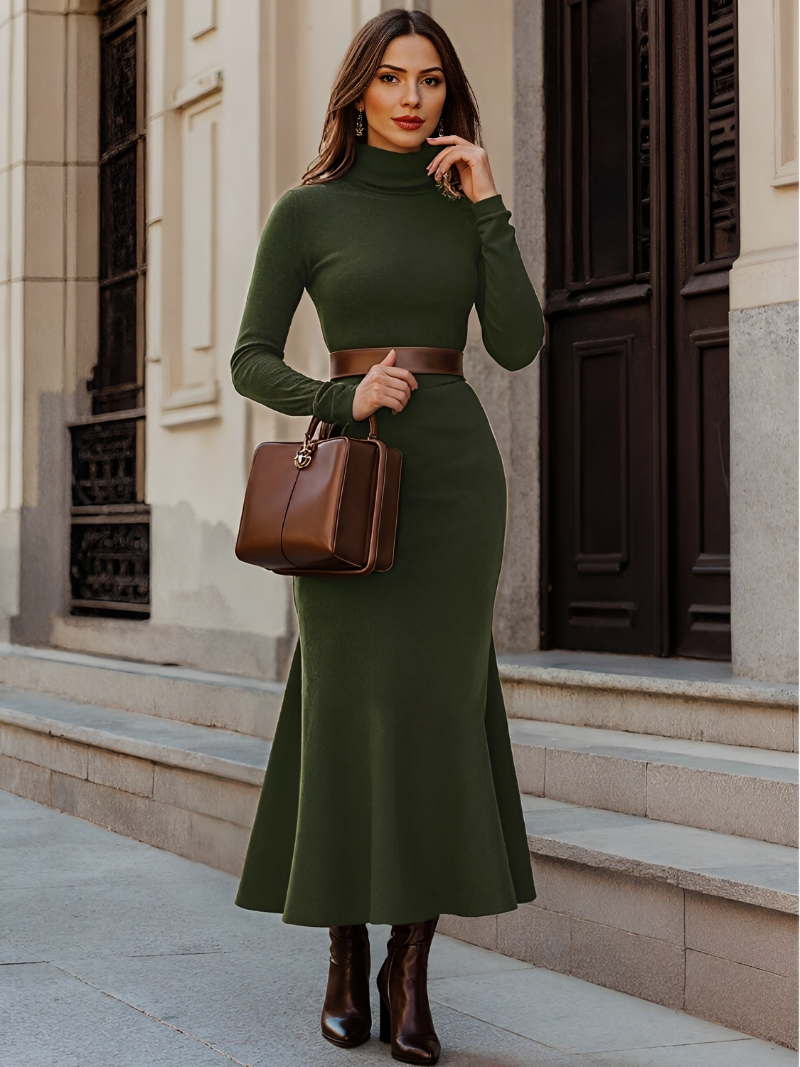 Vestido Maxi Modelagem Evasê com Gola Alta e Manga Longa – Thamara [FRETE FULL]