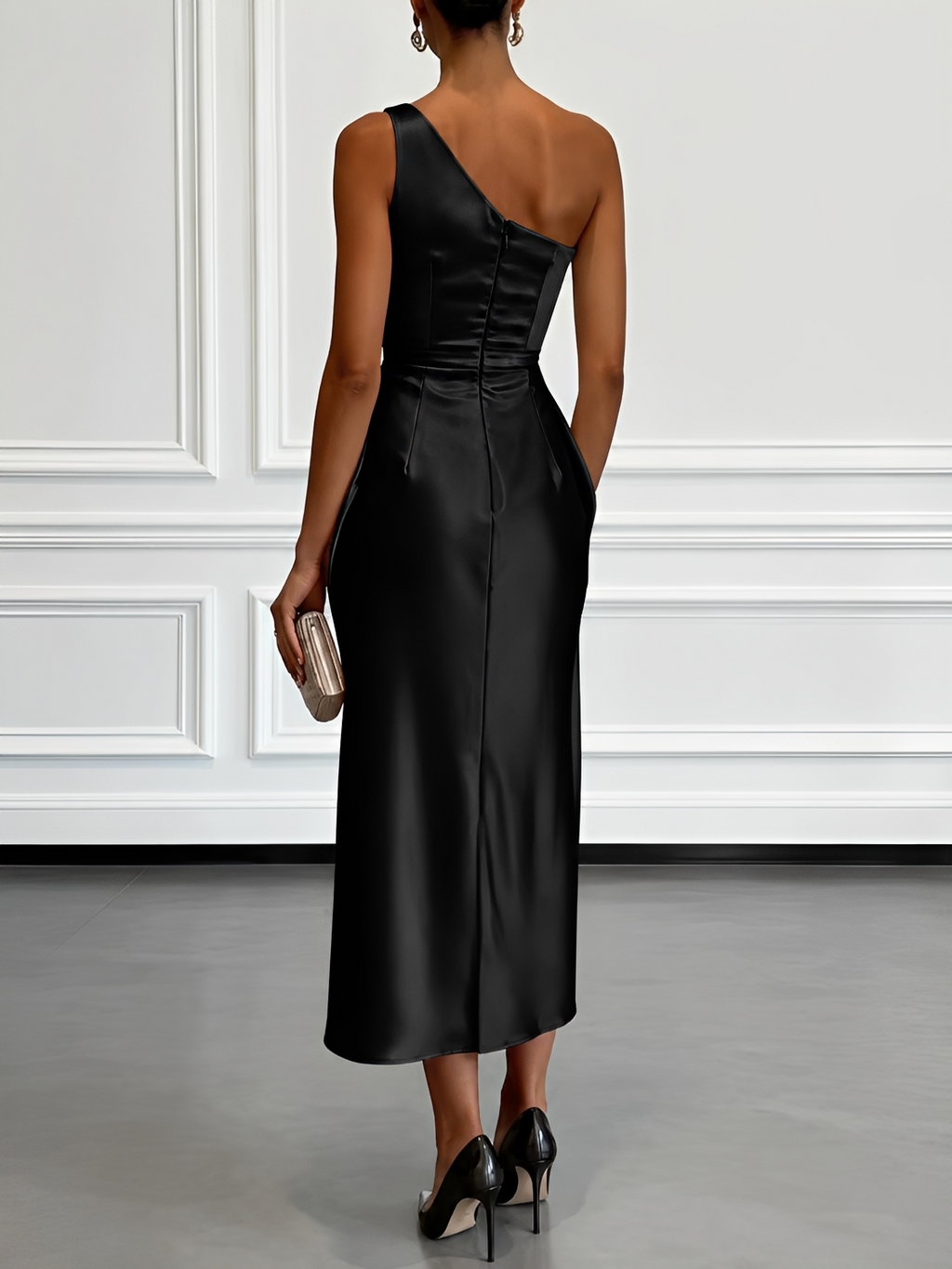 Vestido Midi Acetinado Acinturado com Decote Assimétrico e Drapeado Elegante - Penelope