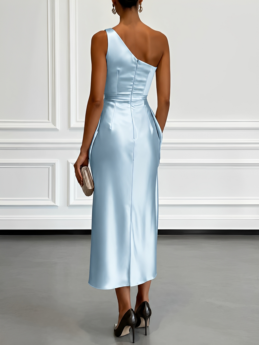 Vestido Midi Acetinado Acinturado com Decote Assimétrico e Drapeado Elegante - Penelope