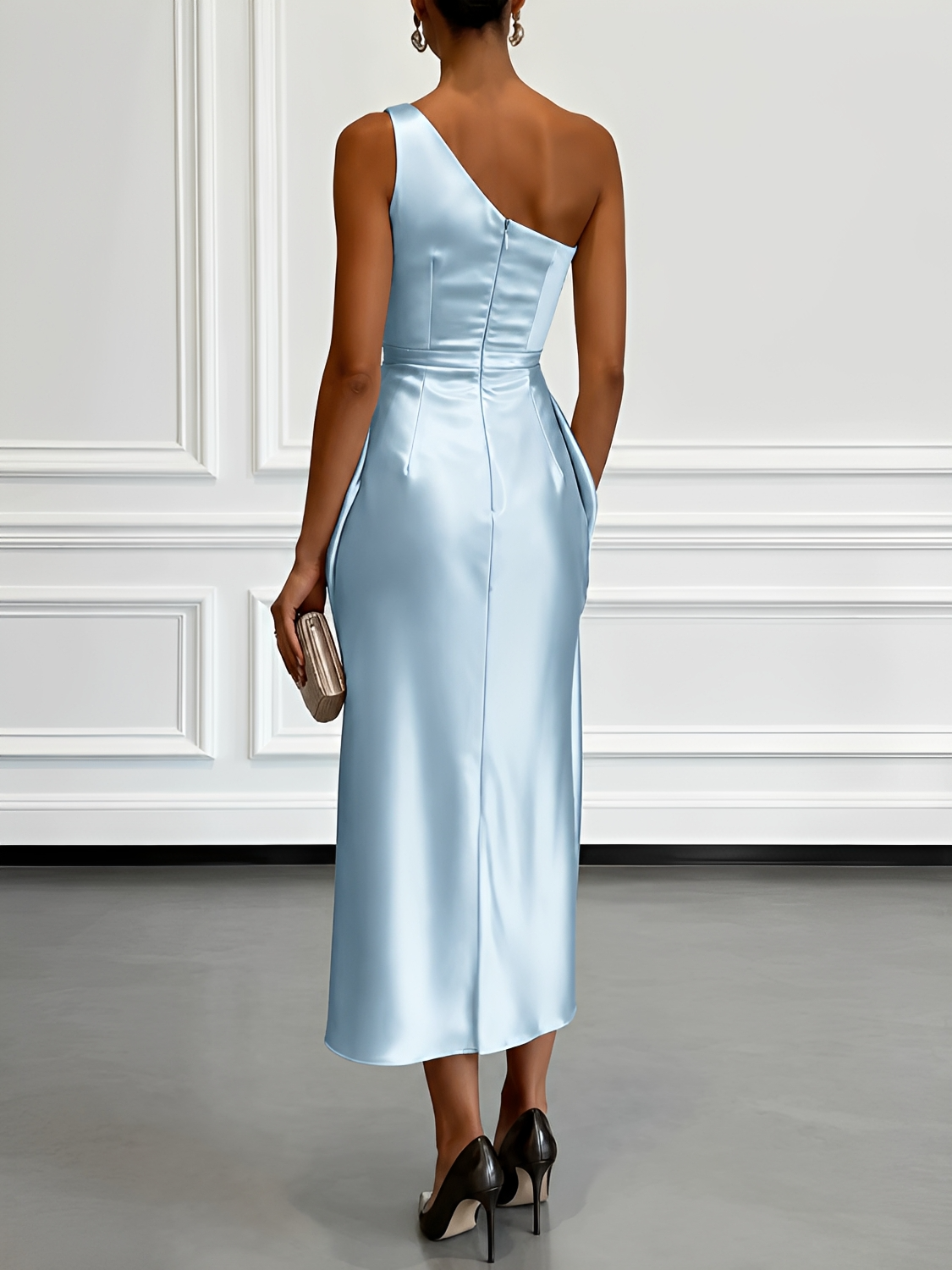 Vestido Midi Acetinado Acinturado com Decote Assimétrico e Drapeado Elegante - Penelope