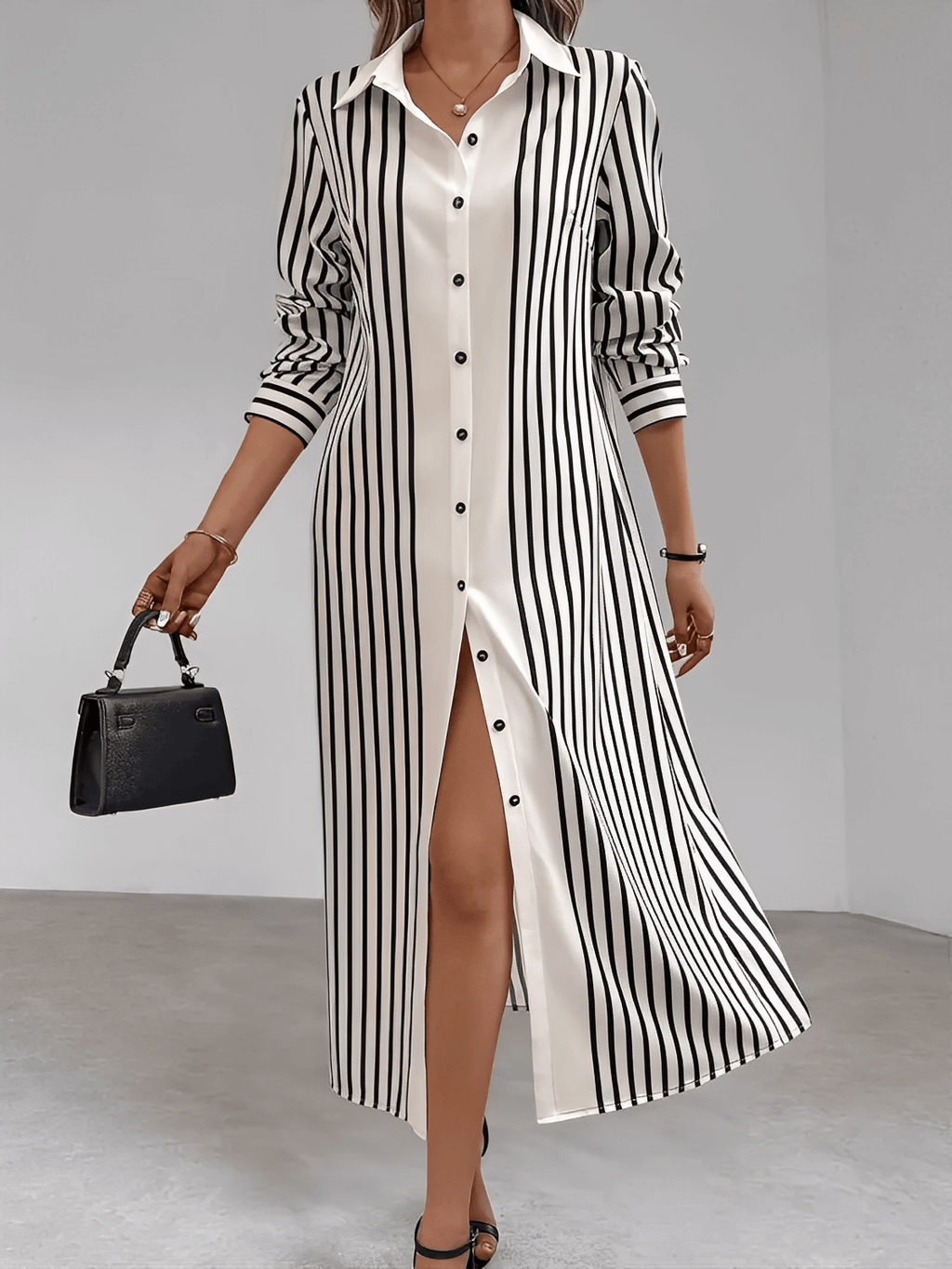 Vestido Chemise com Listras Verticais e Botões Frontais Elegantes – Julia