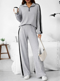 Conjunto Canelado com Suéter Gola V de Zíper e Calça Pantalona – Ivy [FRETE FULL]
