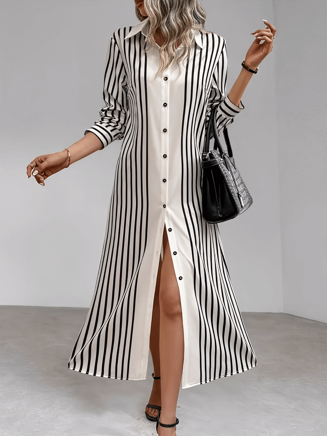 Vestido Chemise com Listras Verticais e Botões Frontais Elegantes – Julia