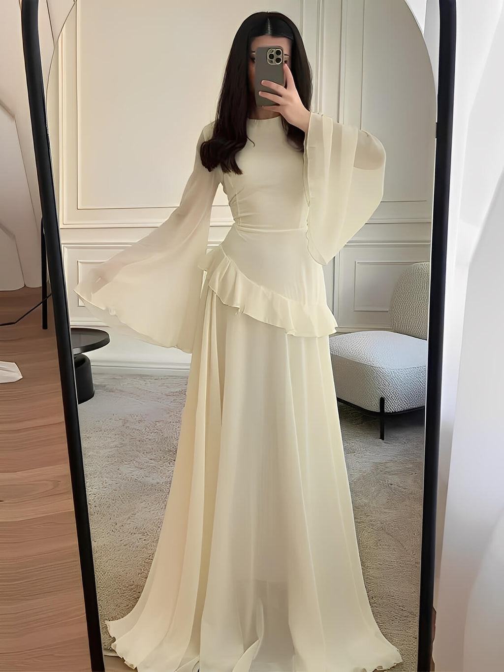 Vestido Longo de Festa em Chiffon com Manga Sino Babado e Amarração - Rubia