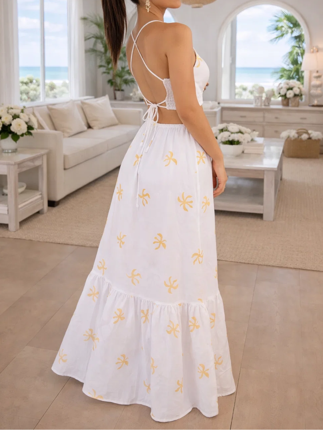 Vestido Longo Estampado com Amarração nas Costas e Babados – Kaia