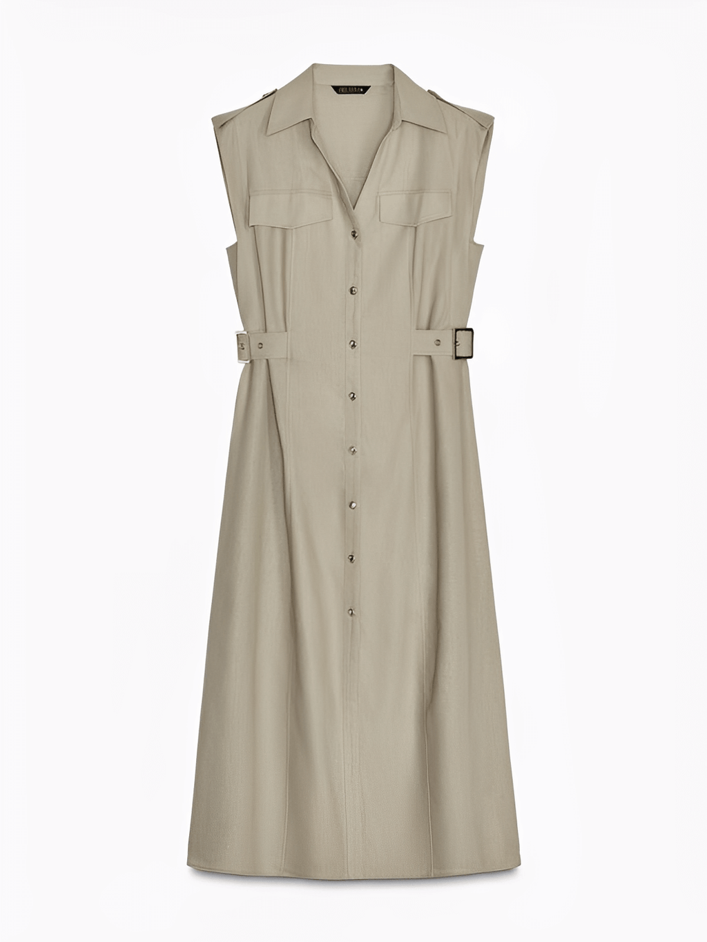 Vestido Midi Chemise Sem Mangas com Botões Dourados e Fivelas – Melina