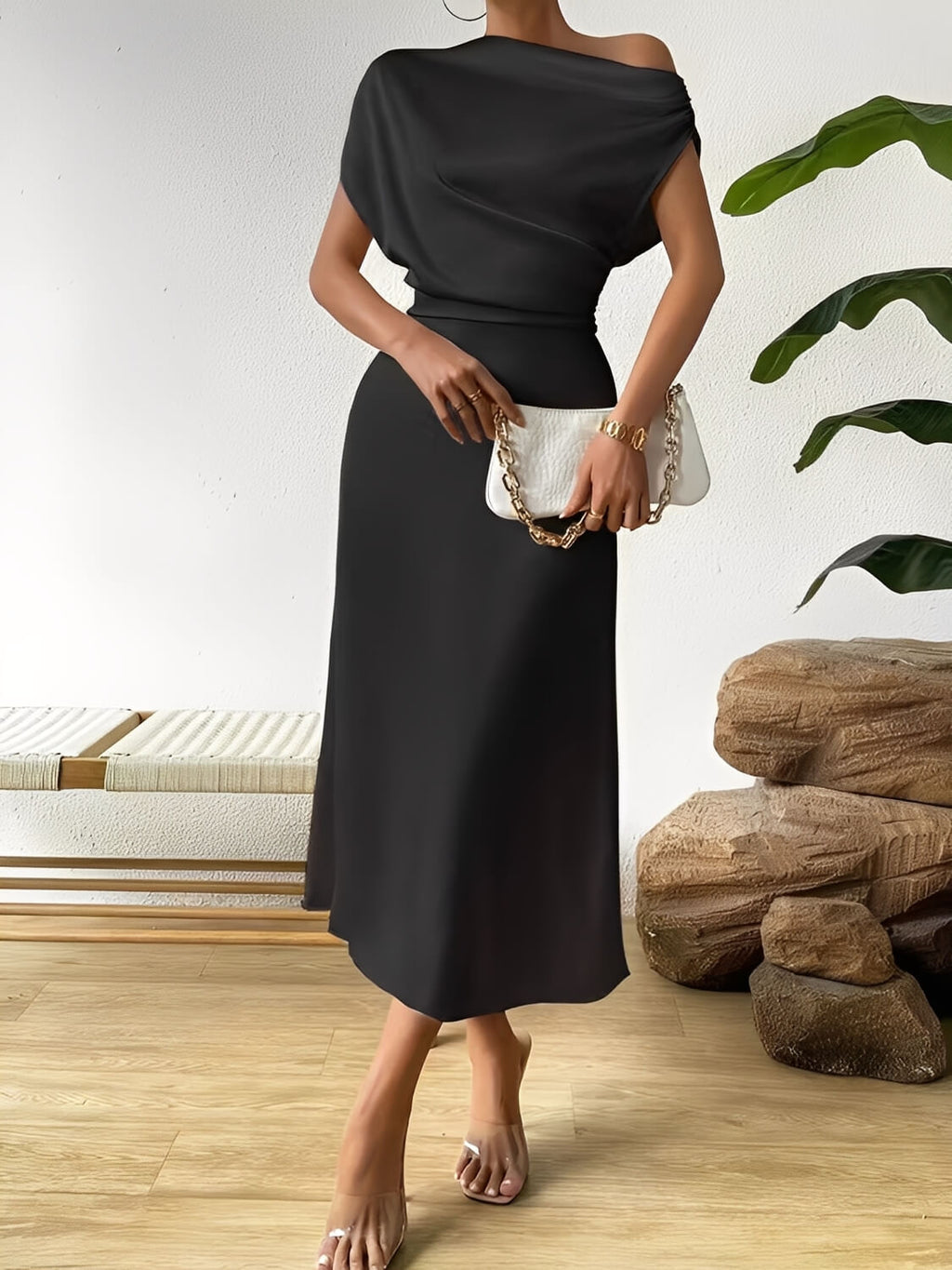 Vestido Midi Acetinado Acinturado com Decote Assimétrico Drapeado - Cleo [FRETE FULL]