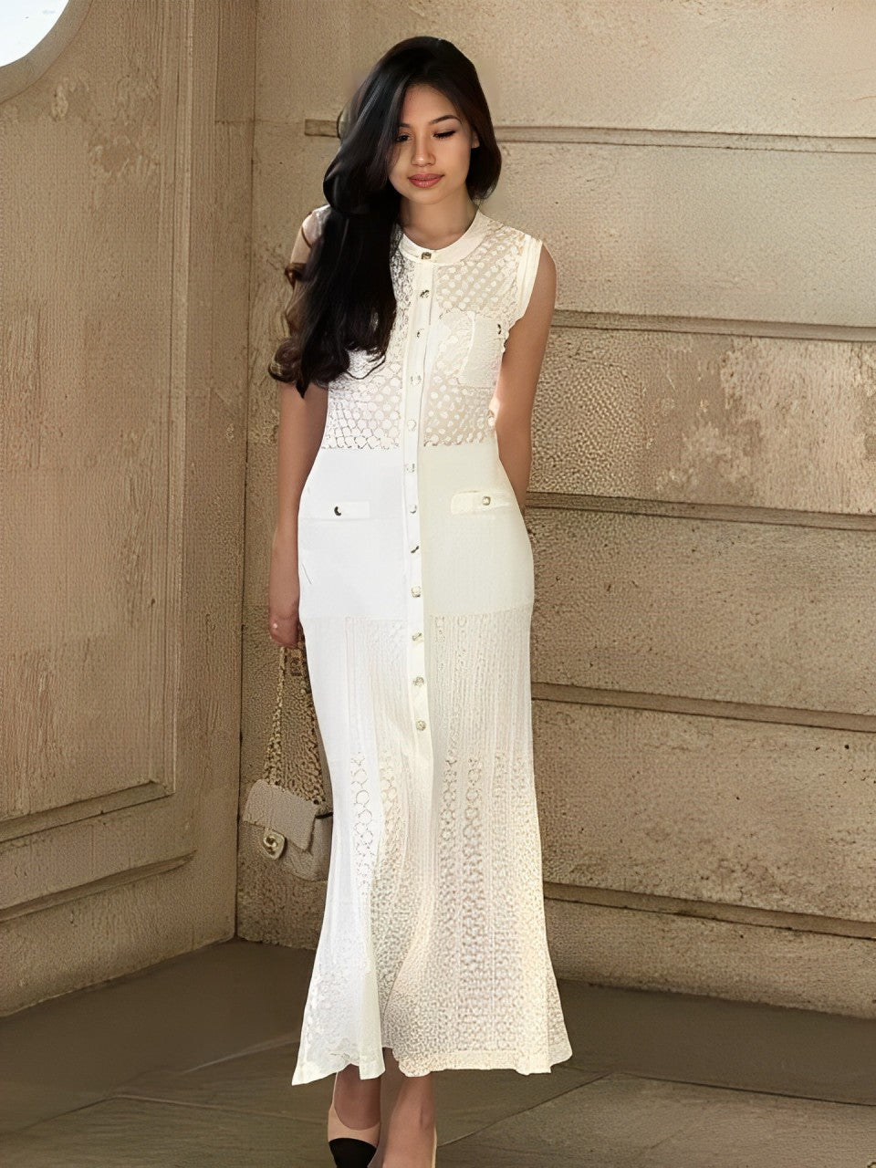 Vestido Midi de Tricô Sem Mangas com Abertura Frontal de Botões – Manon