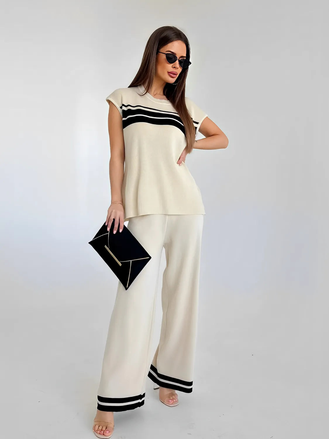 Conjunto em Viscose com Listras Blusa Manga Curta e Calça Solta - Emilia [FRETE FULL]