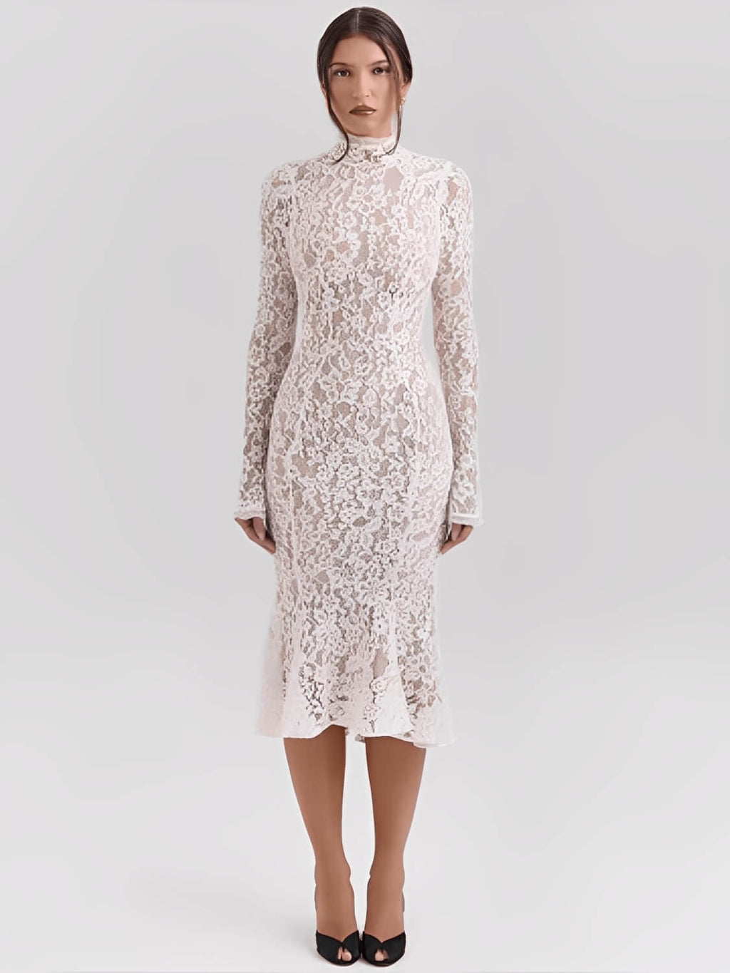 Vestido Midi  Godê em Renda Floral de Gola Alta e Manga Flare – Nagyla