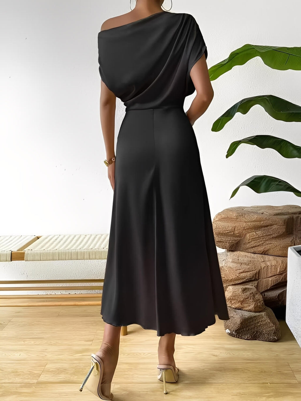 Vestido Midi Acetinado Acinturado com Decote Assimétrico Drapeado - Cleo [FRETE FULL]