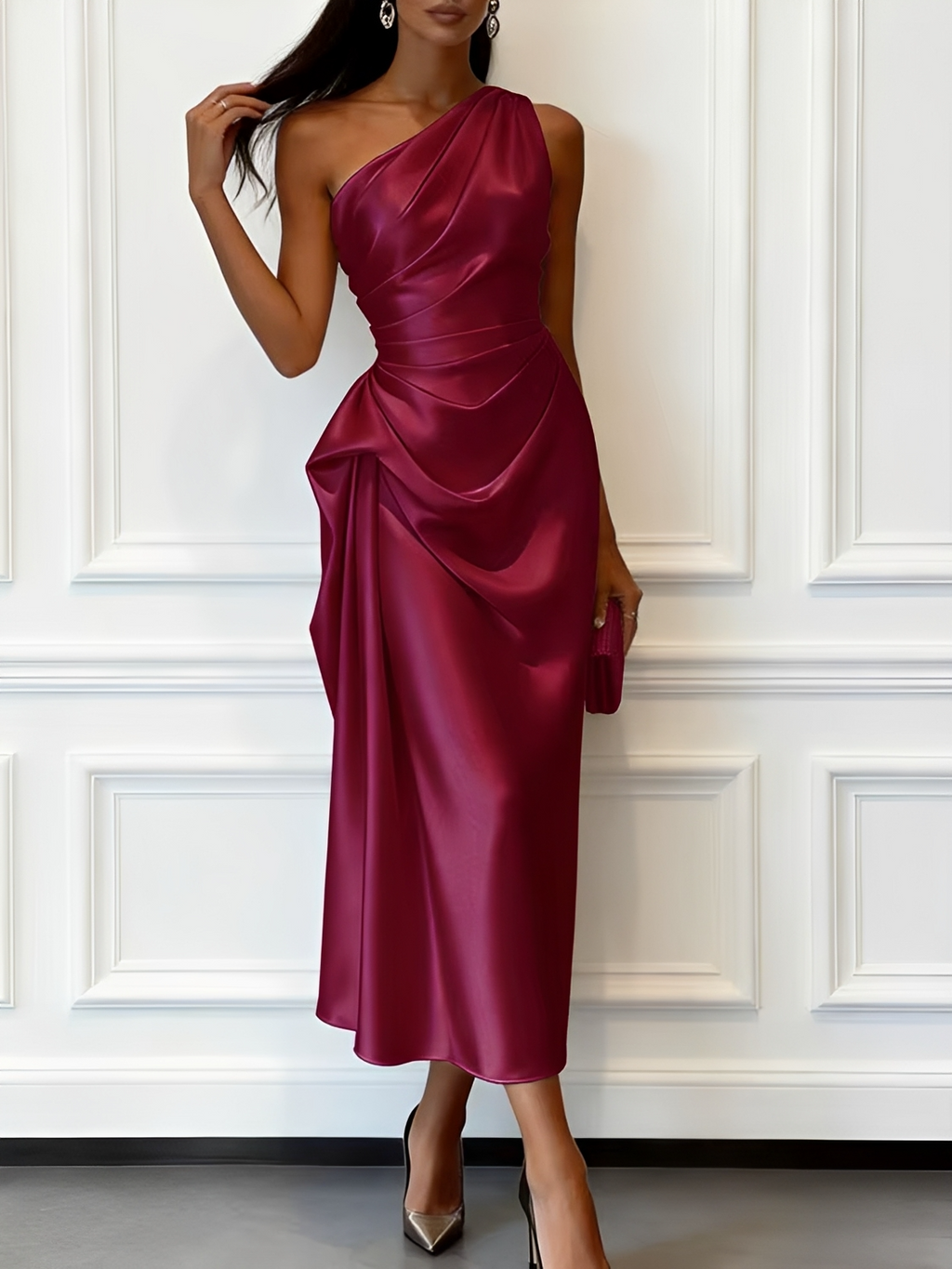 Vestido Midi Acetinado Acinturado com Decote Assimétrico e Drapeado Elegante - Penelope