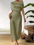 Vestido Midi Acetinado Acinturado com Decote Assimétrico Drapeado - Cleo [FRETE FULL]
