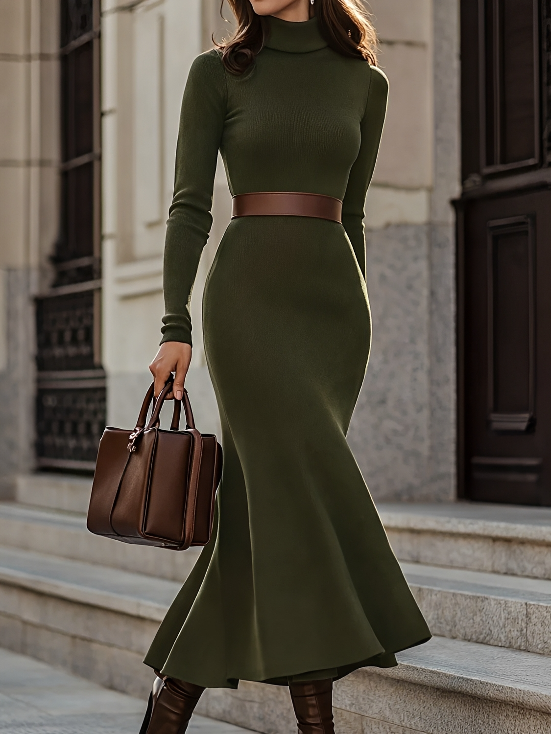 Vestido Maxi Modelagem Evasê com Gola Alta e Manga Longa – Thamara [FRETE FULL]
