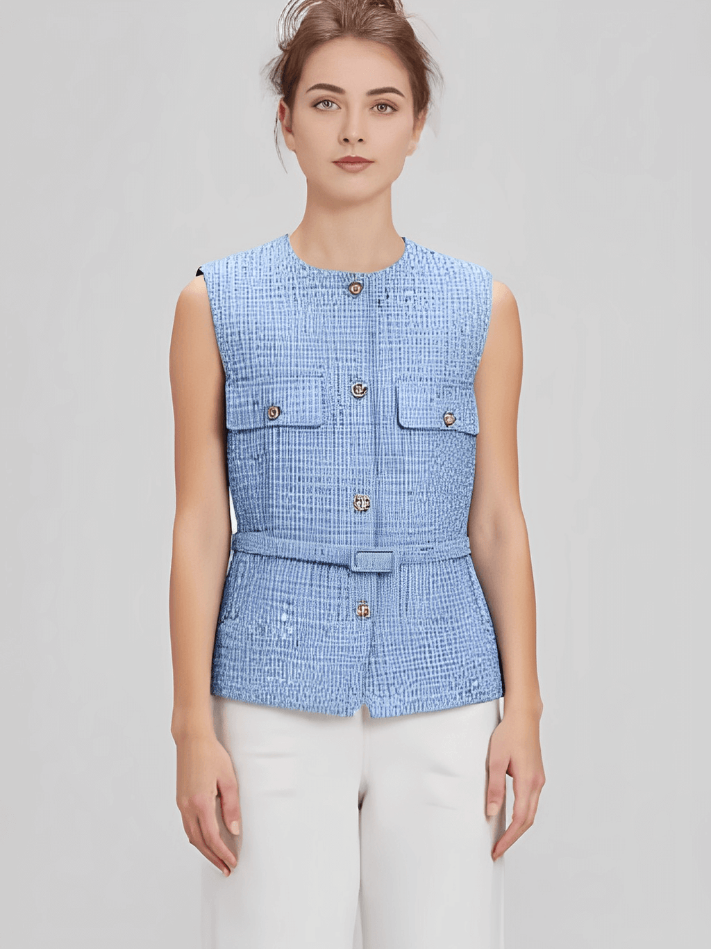 Colete Feminino Tweed Acinturado com Cinto e Bolsos Decorativo - Corine