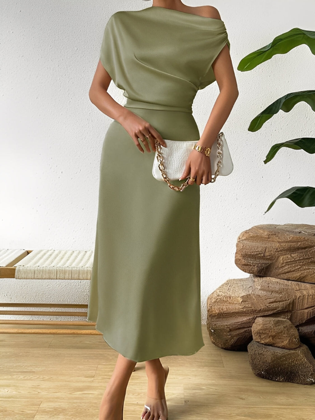 Vestido Midi Acetinado Acinturado com Decote Assimétrico Drapeado - Cleo [FRETE FULL]