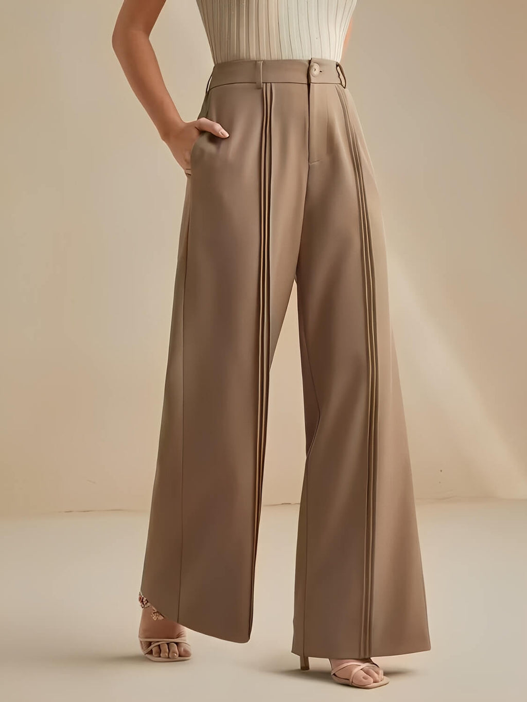 Calça Pantalona de Alfaiataria Cintura Alta com Pregas Verticais – Jade