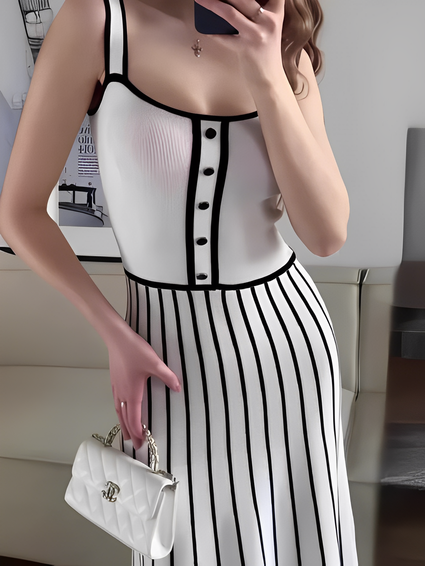 Vestido Midi Listrado de Alças Modelagem Evasê - Dandara