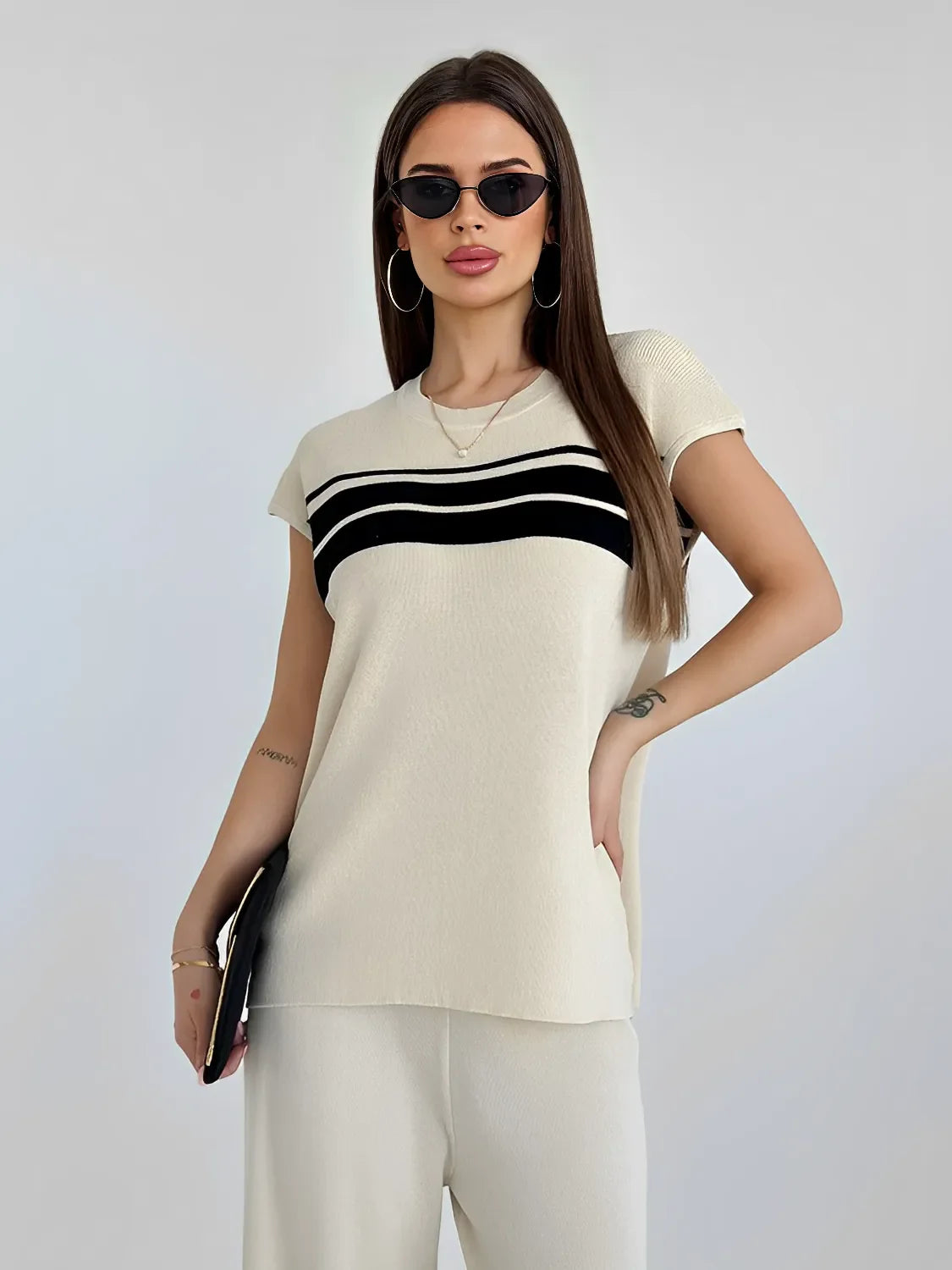 Conjunto em Viscose com Listras Blusa Manga Curta e Calça Solta - Emilia [FRETE FULL]
