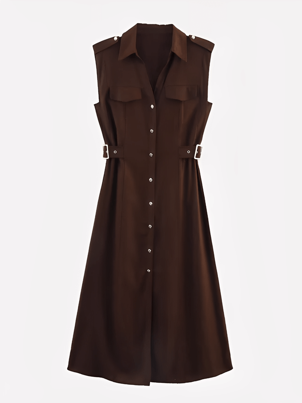 Vestido Midi Chemise Sem Mangas com Botões Dourados e Fivelas – Melina