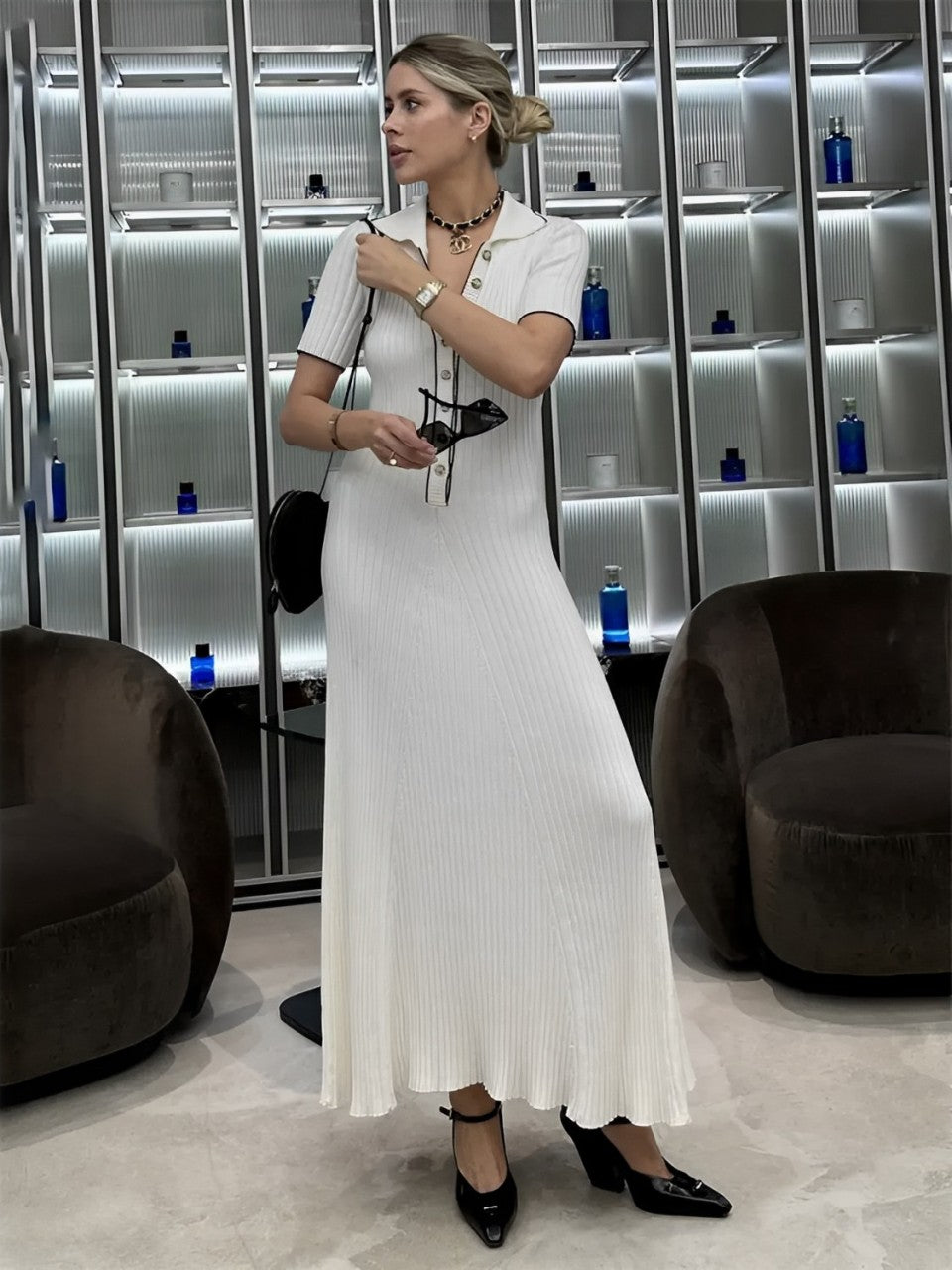 Vestido Longo de Tricô Canelado com Decote V e Botões – Evelyn [FRETE FULL]