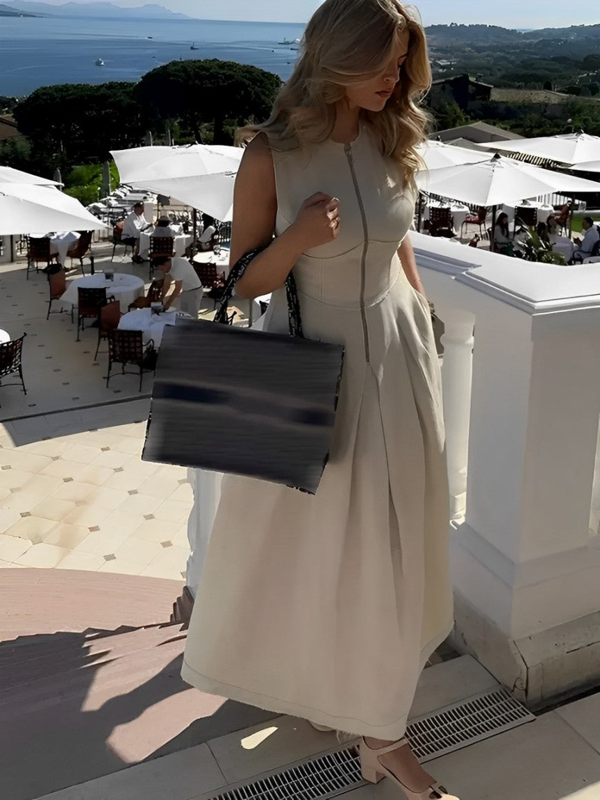 Vestido Longo com Zíper no Busto Cintura Império e Bolsos – Liriel