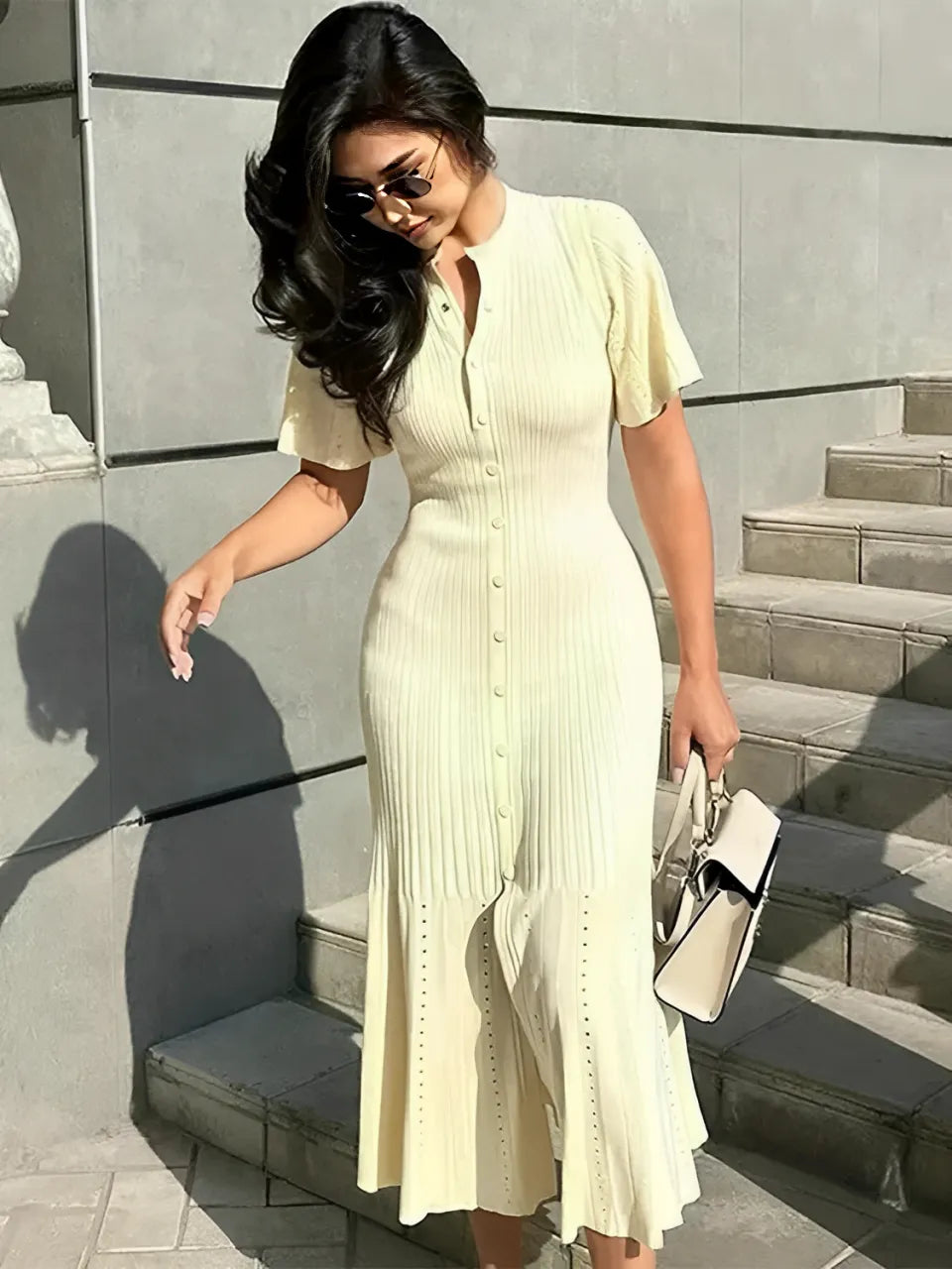 Vestido Midi de Tricô com Manga Curta e Abertura Frontal – Charlotte