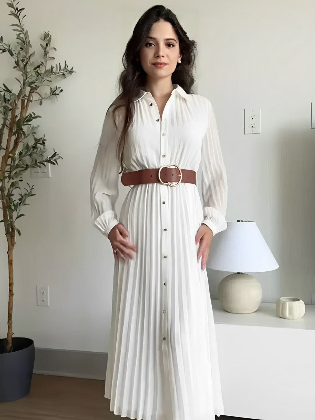 Vestido Chemise Midi Plissado com Botões Frontais – Fleur