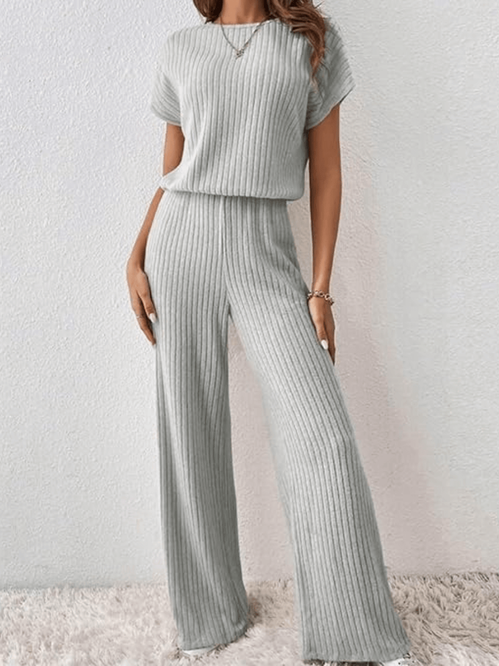 Conjunto Canelado com Blusa Manga Morcego e Calça Pantalona – Maite
