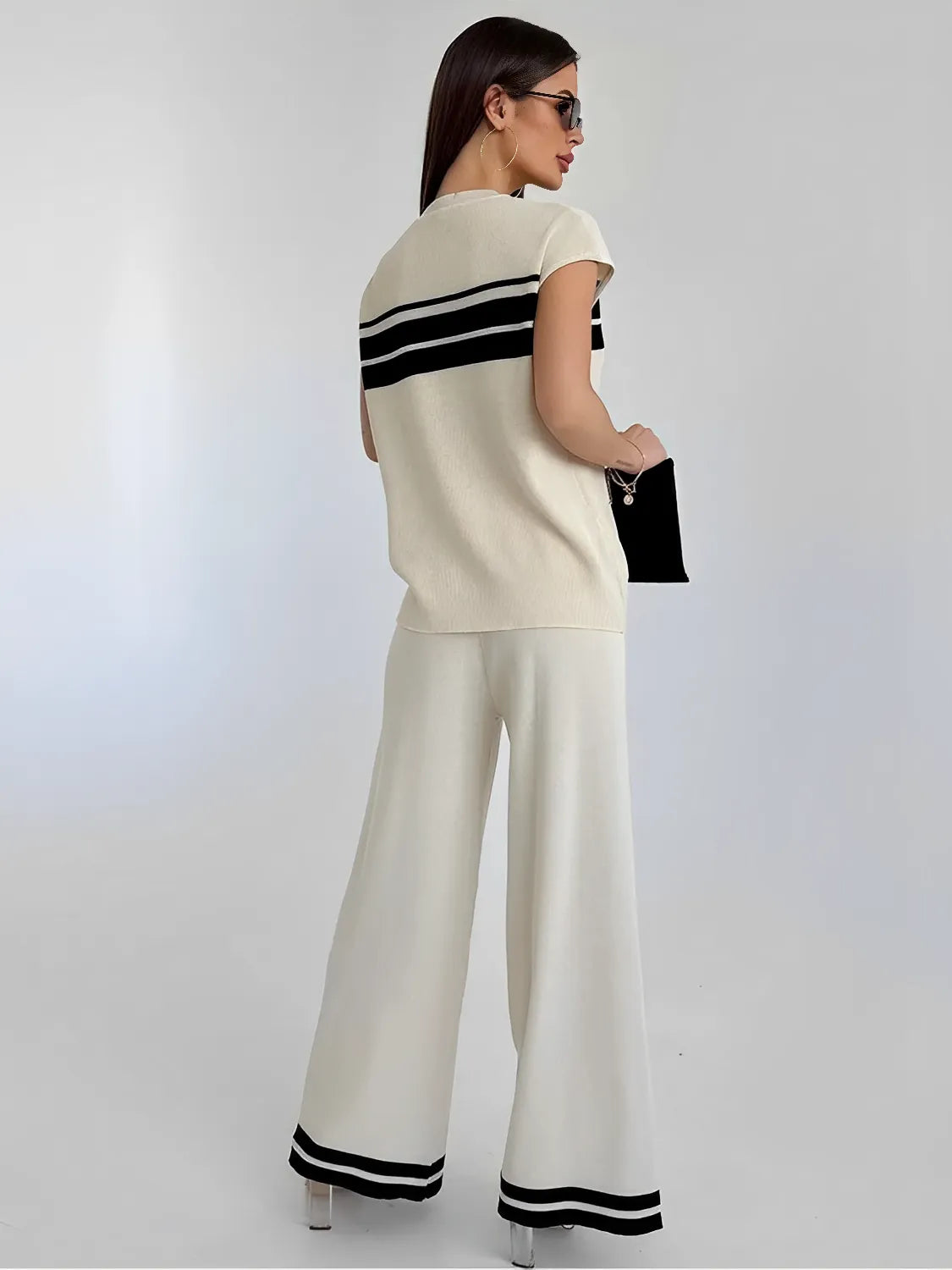Conjunto em Viscose com Listras Blusa Manga Curta e Calça Solta - Emilia [FRETE FULL]