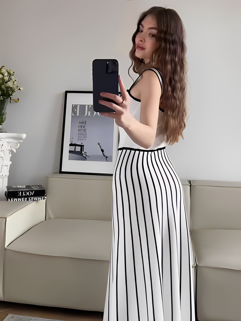 Vestido Midi Listrado de Alças Modelagem Evasê - Dandara