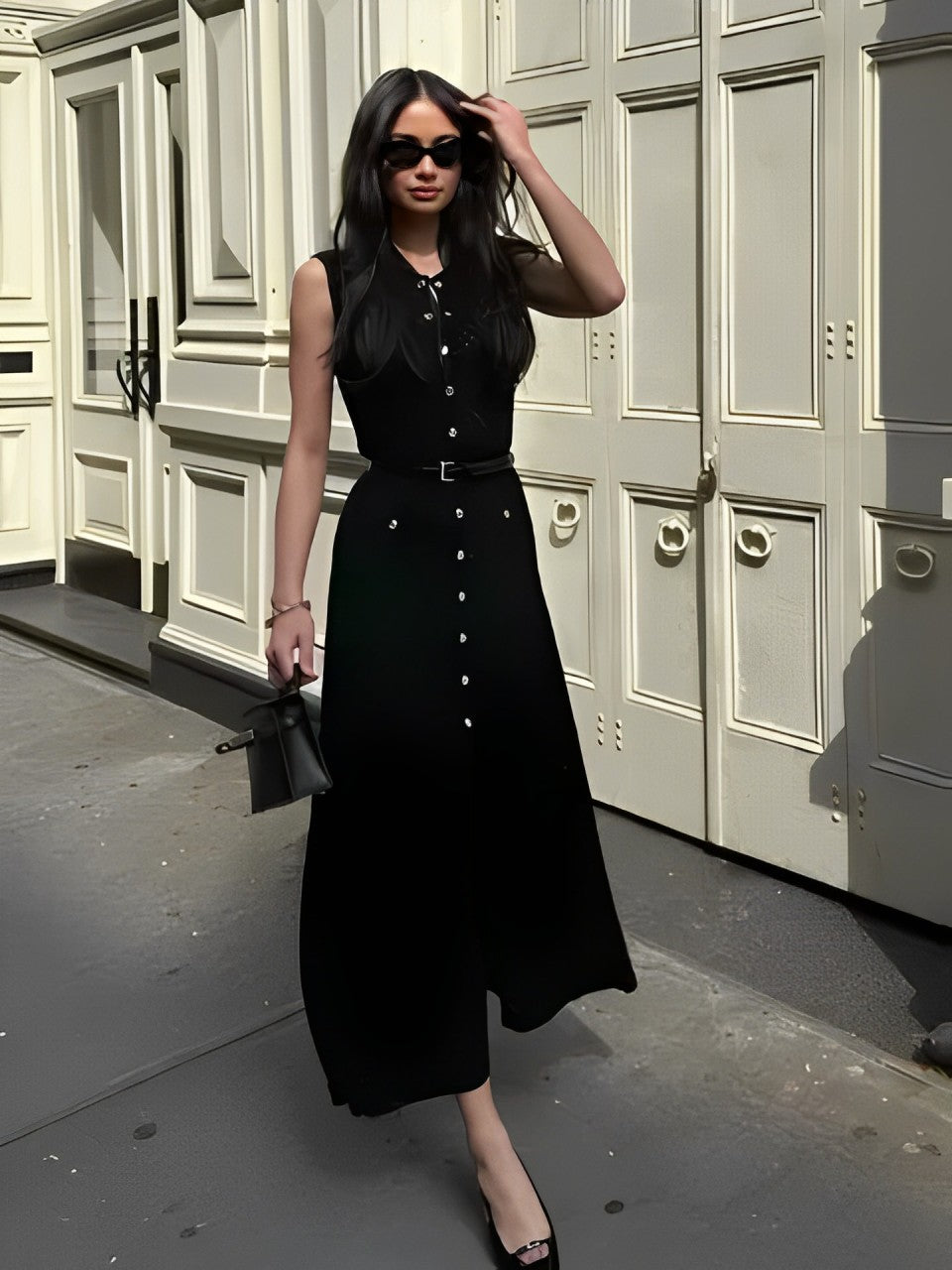 Vestido Midi de Tricô Sem Mangas com Abertura Frontal de Botões – Manon
