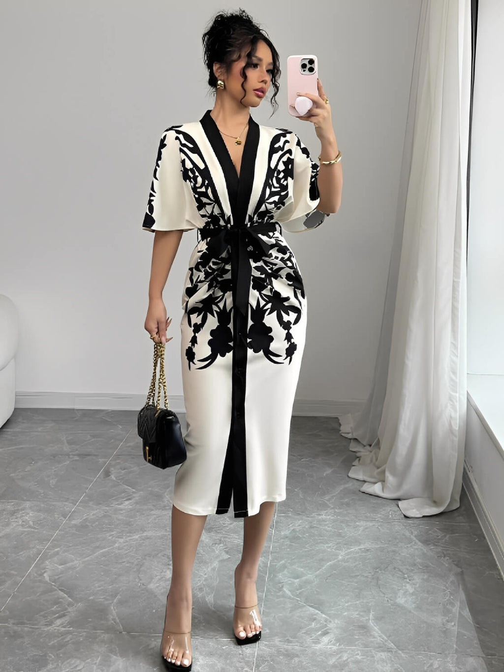 Vestido Midi Floral Arabesco com Manga Morcego Elegante - Inez [FRETE FULL]