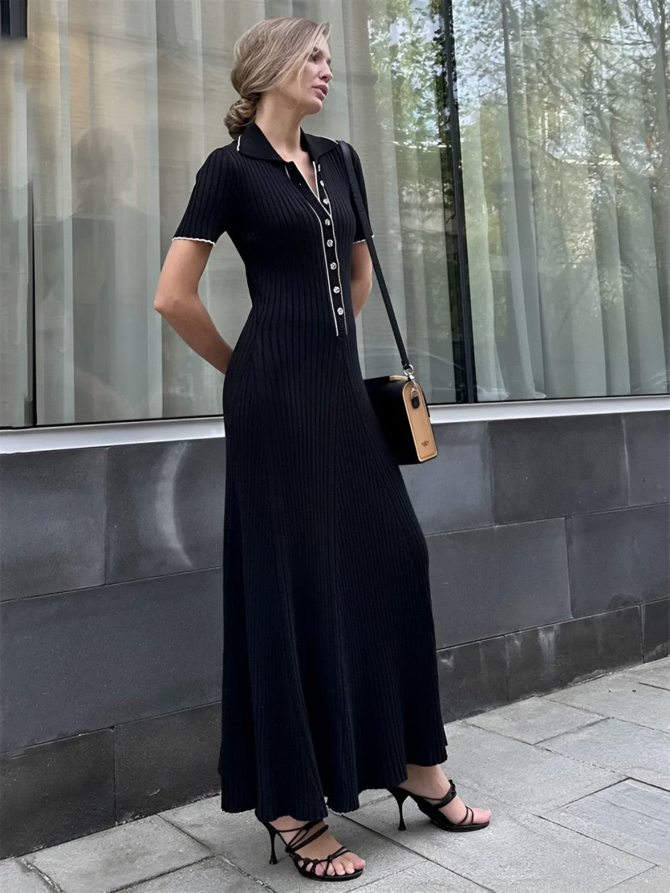 Vestido Longo de Tricô Canelado com Decote V e Botões – Evelyn [FRETE FULL]