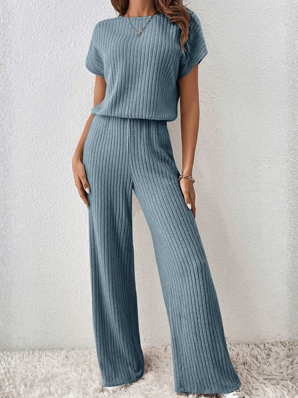 Conjunto Canelado com Blusa Manga Morcego e Calça Pantalona – Maite