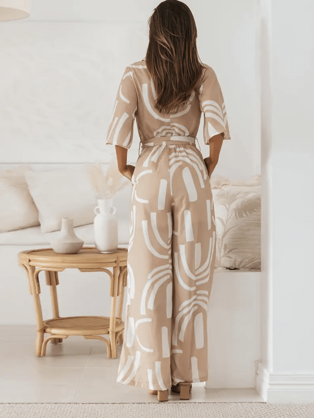 Macacão Longo Chemise Estampado Pantalona com Manga Sino e Faixa - Kendra