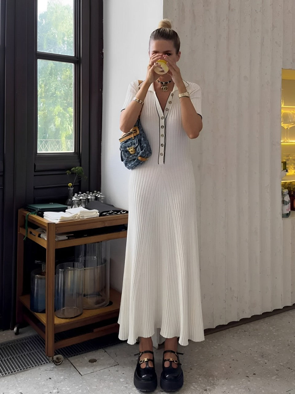 Vestido Longo de Tricô Canelado com Decote V e Botões – Evelyn [FRETE FULL]