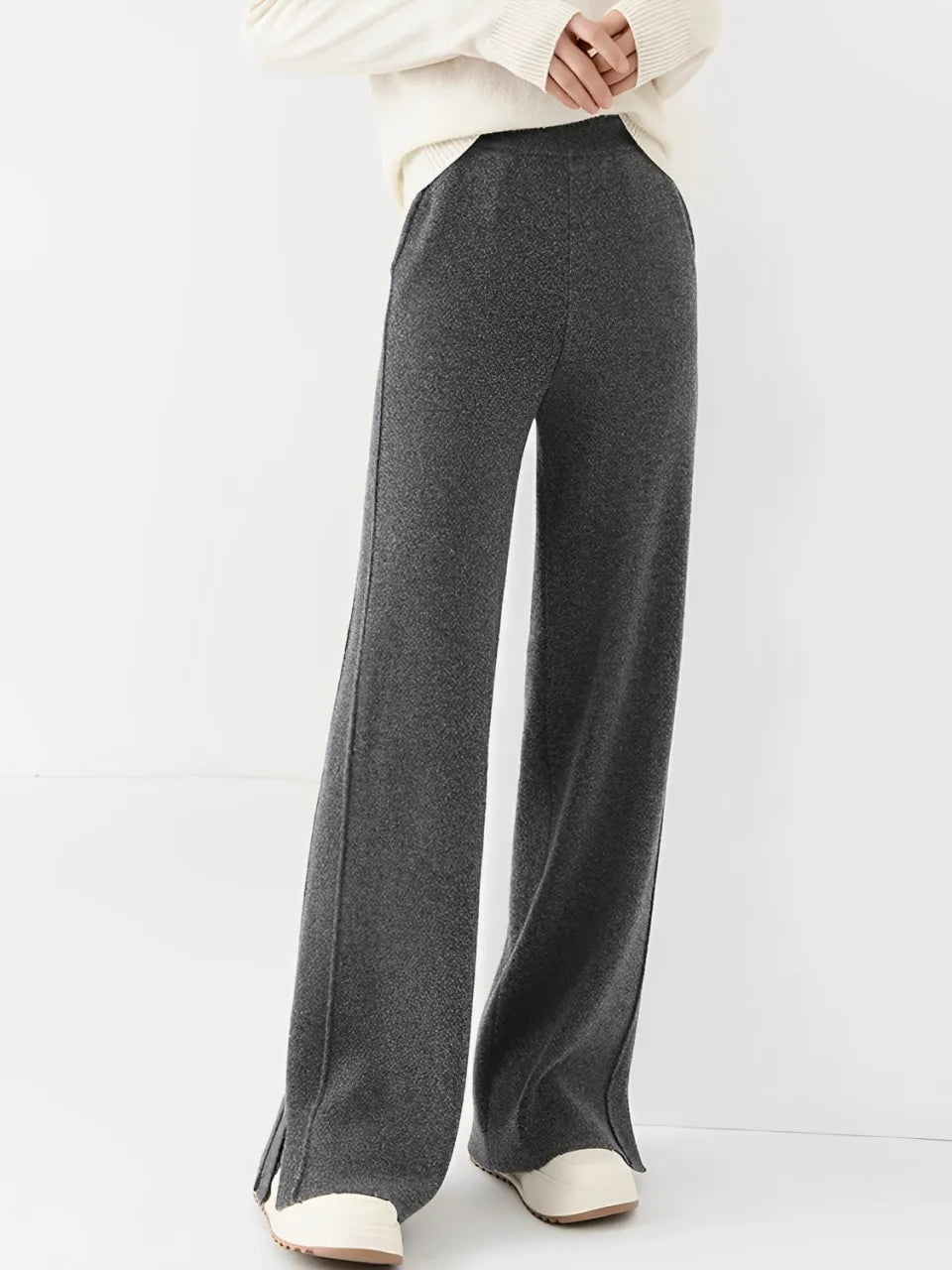 Calça Pantalona Feminina de Lã com Bolsos e Abertura na Barra – Vivian [FRETE FULL]