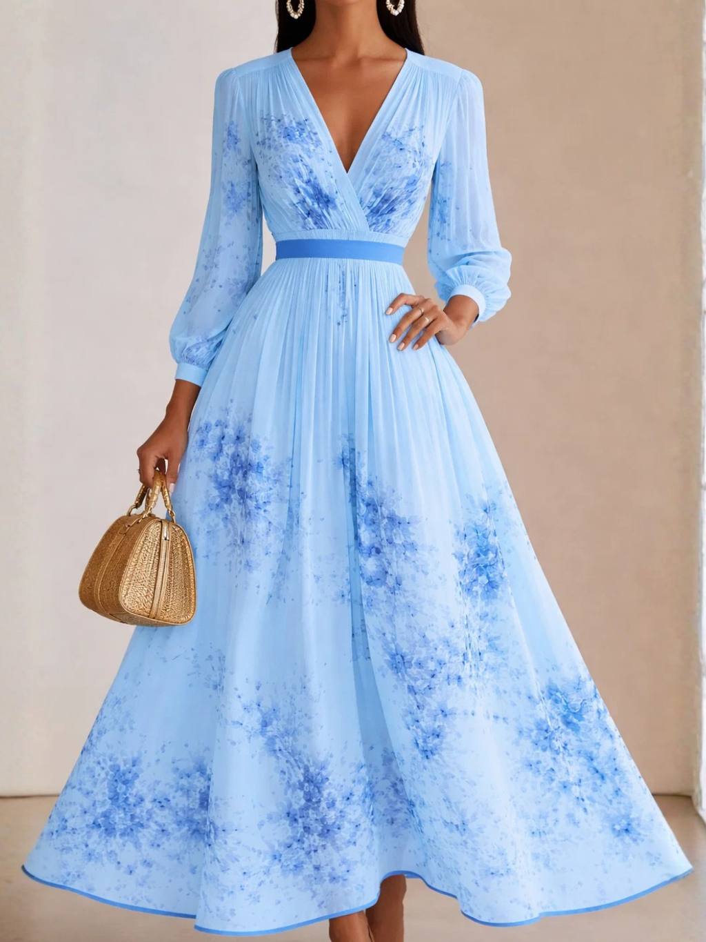 Vestido Longo Plissado Floral com Decote em V e Cinto-Faixa – Seraphina