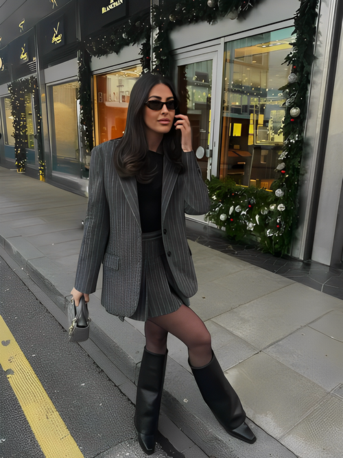 Blazer Feminino Oversized Riscas de Giz com Botões - Francine