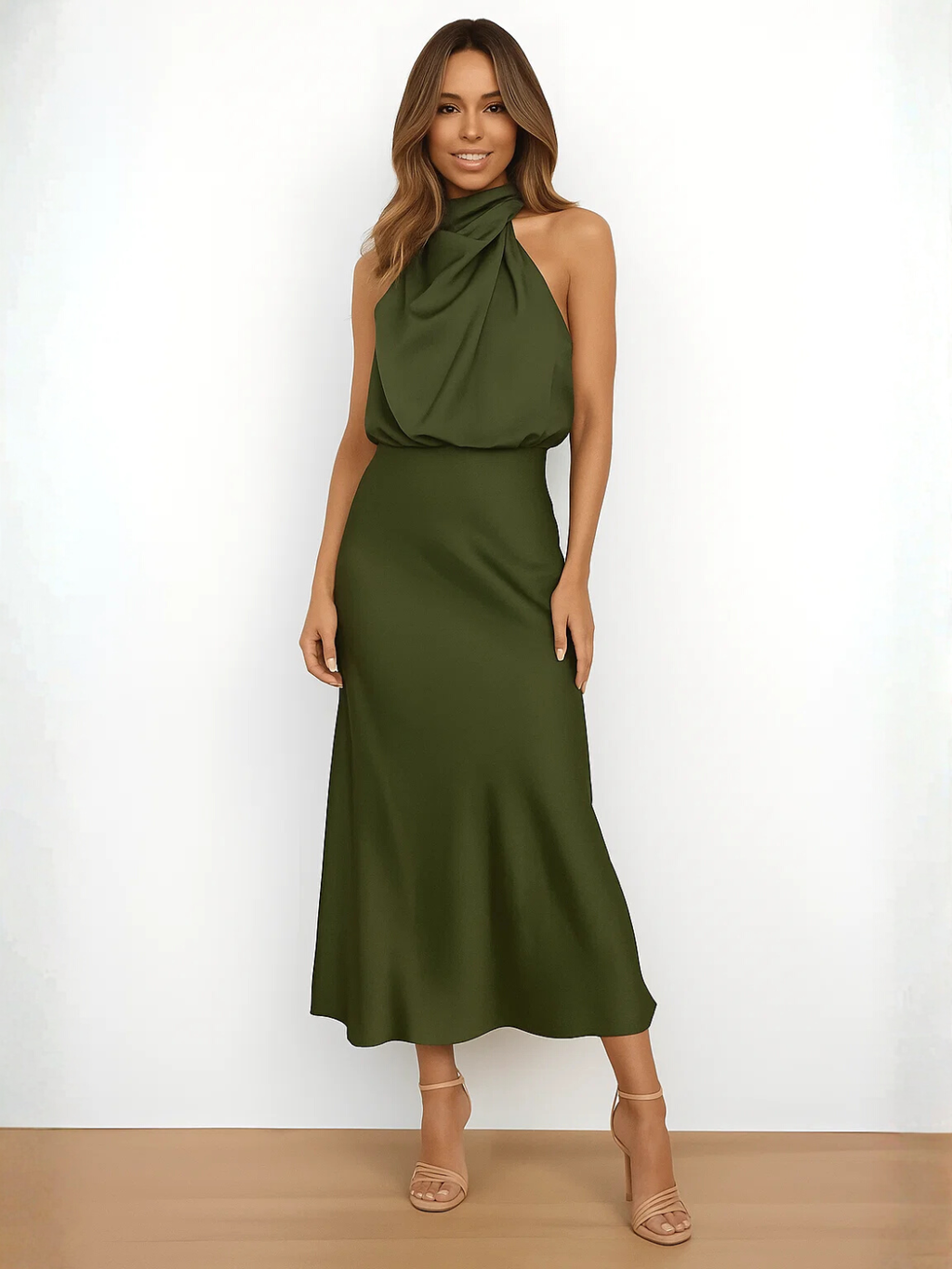 Vestido Midi Acetinado Acinturado com Gola Alta Drapeada Elegante – Rayca [FRETE FULL]