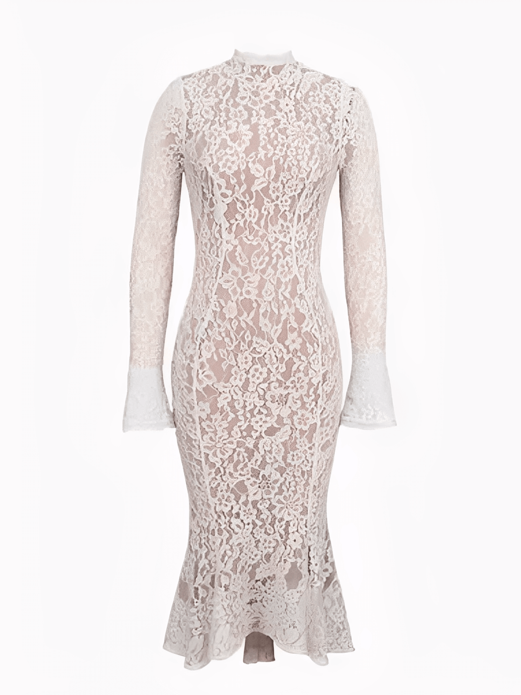 Vestido Midi  Godê em Renda Floral de Gola Alta e Manga Flare – Nagyla