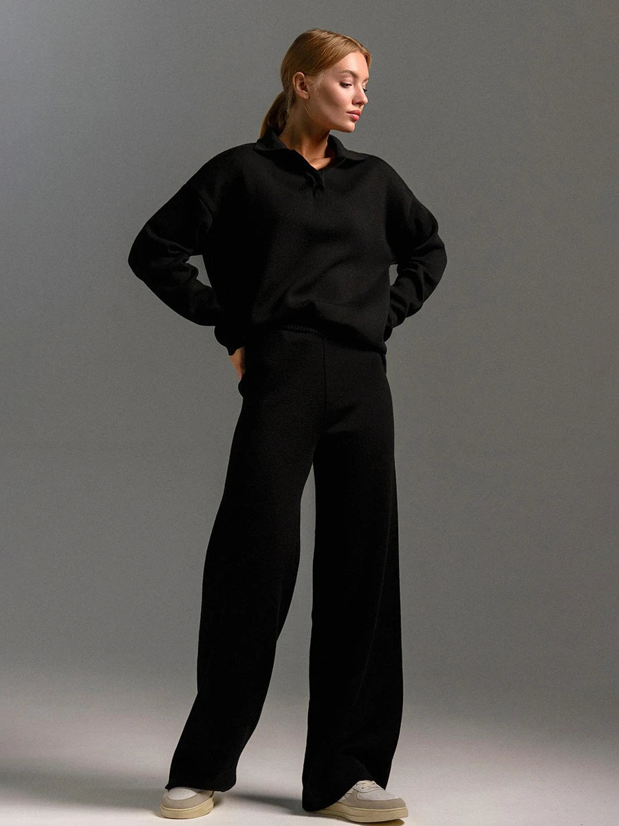 Conjunto com Suéter Gola Polo e Calça Flare Cintura Elástica - Isis